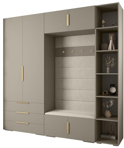 MEBLE KRYSPOL Inova 1 Möbelset - Moderne Garderobe - für Schlafzimmer, Wohnzimmer, Flur, Kinderzimmer - Ankleidemöbel - 236,7x240x47cm - Kaschmir, Paneele Manila 02, Handgriff Gold