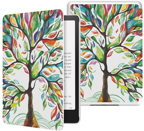 MoKo Étui Compatible avec 7 Kindle Paperwhite 12th Gen 2024&Kindle Colorsoft Signature Edition 2024, Coque de Protection légère en PU avec Auto Wake/Sleep pour Kindle Paperwhite 2024, Arbre Coloré
