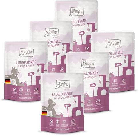 MjAMjAM - Premium Nassfutter für Katzen - Quetschie - kulinarisches Wild an frischen Preiselbeeren, 6er Pack (6x300g), getreidefrei