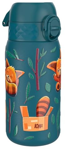 Ion8 Gourde Enfant, Inox Léger, 400ml, Non Isolé, Anti-Fuite, Facile à Ouvrir, Verrouillage Sécurisé, Lavable au Lave-Vaisselle, Poignée de Transport, Acier Inoxydable, Pandas Roux