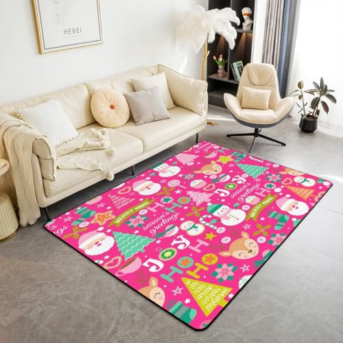 Loussiesd Tappeto natalizio per soggiorno, rosa, 100 x 150 cm, grazioso pupazzo di neve, per interni, per ragazzi e ragazze, decorazione con Babbo Natale, albero di Natale, fiocco di neve, tappeto