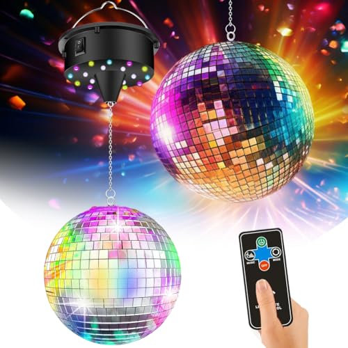 Discokugel mit Motor, Spiegelkugel Drehmotor Einstellbare 5/8/10/15 U/min mit 15,2 cm Silber Spiegelkugel, mit 4 Bunten Lichtern und 18 LED-Perlen für Disco-Lichteffekte