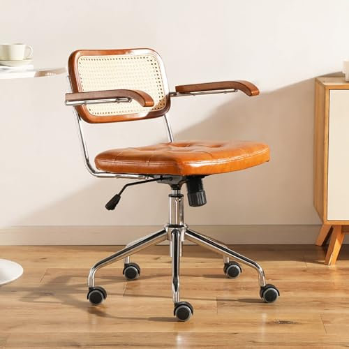 KhUkhu Moderner Home-Office-Stuhl, Mit PU-Leder Gepolsterter Schreibtischstuhl, Verstellbarer Drehcomputerstuhl Mit Rattan-Mittelrückenstütze, Ergonomischer Arbeitsstuhl Im Retro-Sessel,Gelb