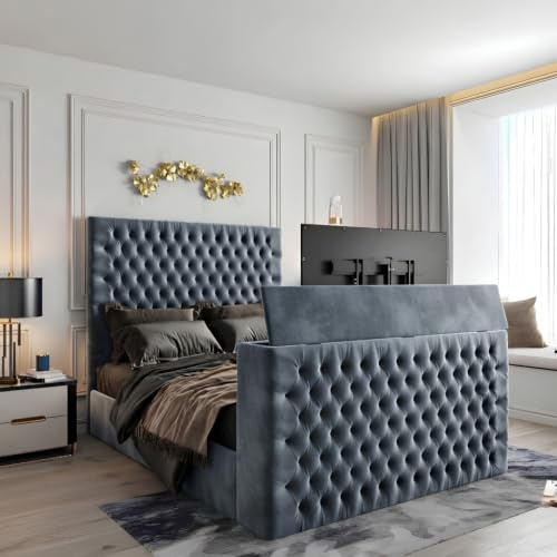 Urban Craft Plush Velvet Upholstered TV Bed with Remote-Controlled Lift Mechanism Luxury Panel Style and Functionality in 3 Sizes & 6 Colours, TVs Up to 50 inch (Plush Steel, Super King)