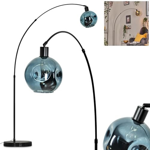 HOFSTEIN Stehleuchte Ripoll, Stehlampe mit Marmorfuß aus Metall/Glas in Schwarz/Blau, verstellbare Leuchte im Retro/Vintage-Design (Schirm Ø 20 cm), Fußschalter, E27, Wohnzimmer, Schlafzimmer, Büro