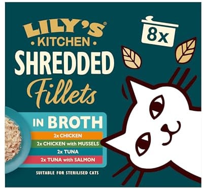Lily’s Kitchen Shredded Fillets in Broth, Adult Cat Wet Food Multipack 8xTins (70g), Grain-free Recipe, Complete Nutrition, With Natural Ingredients, With Freshly Prepared Meat, or Fish, Cat Food