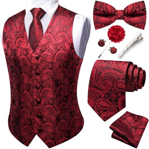 Barry.Wang Men's Red Waistcoat Tie Bowtie Set Hanky Cufflinks Tie Clips