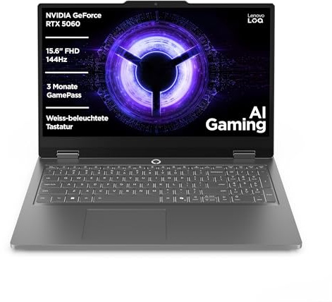 Lenovo LOQ Essential Gaming AI Laptop | 15.6 FHD 144Hz | NVIDIA GeForce RTX 5060 | Intel Core i5 | 16GB RAM | 1TB SSD | Win11 | QWERTZ | Weiss-beleuchtete Tastatur | Grau | 3 Monate GamePass
