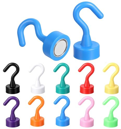 Wanmu 12 Stück Magnethaken Magnet Haken Extra Starke Magnetische Haken Hakenmagnete Stanzfrei Magnethacken für Camping Schließfächer Werkstatteinrichtung Kleiderhaken (Mehrfarbig)