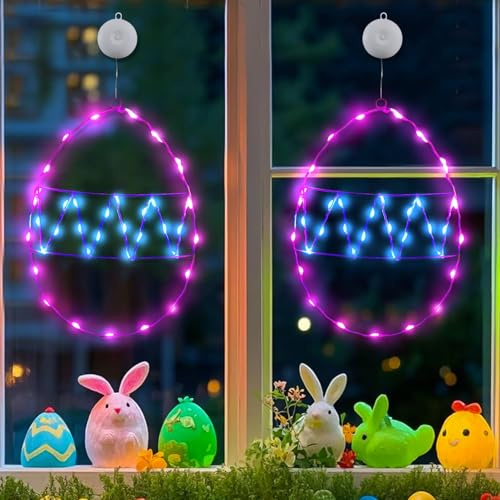 Hekasvm Osterdeko Led Fensterdeko Licht 2 Stück Ostern Deko Fenster Beleuchtung mit Saugnäpfe und Timer, Ostereier Fensterbeleuchtung Innen, Metall Farbige Ei Lampe, Batterieantrieb (A)