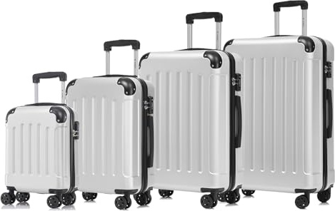 YONSLY Premium Reisekoffer, TSA-Schloss YKK-Reißverschluss Hartschalen-Koffer Trolley Kabinenkoffer Rollkoffer Suitcase Handgepäck 4 Rollen (Silber, S-M-L-XL-Set)