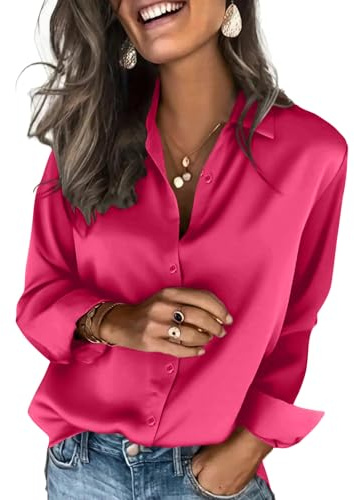 Chemisier en Satin pour Femme - Manches Longues - Chic et Élégant - Col en V - Couleur Unie Chemise Shirts Tops