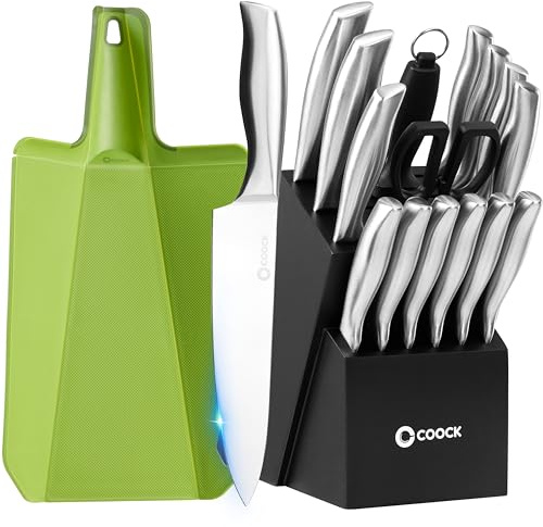 COOCK – 17-Teiliges Premium Messerset mit Messerblock & Faltbarem Schneidebrett – BPA- & PFAS-frei – Edelstahl Küchenmesser mit Schere & Wetzstahl – Kratzfest, langlebig & stilvoll
