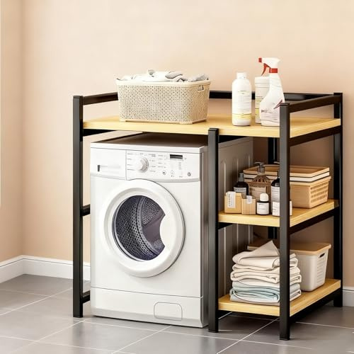 Trommel-Waschmaschinen-Bodenregal, Universales Waschmaschinen Regal Front/Toplader, Multi-Etagen Organizer mit X-Verstrebung & Verstellbaren Anti-Rutsch Füßen(Black,Roller Model-95cm/37.4in)