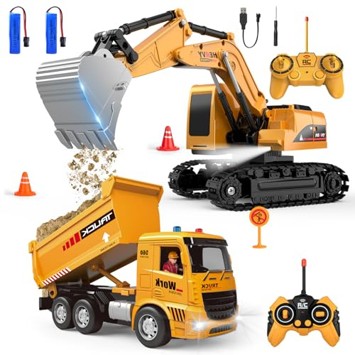 1:24 Scale Remote Control Excavator & Dump Truck,Digger + Dumper RC Construction Vehicles Toy Set with Light&Sound,Christmas Birthday Gifts for Toddlers 3-12 Year Boys Girls