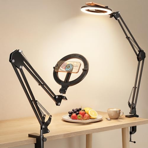 CloudValley 10 Ring Light Magnétique de Bureau avec Affichage de Batterie, 5000mAh Support Téléphone Overhead, Lampe LED Pliable avec 3 Modes et 10 Niveaux de Luminosité pour Maquillage, TikTok