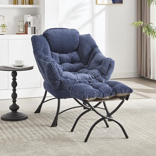 Physport Fauler Stuhl mit Osmanischen, moderner Lounge Akzent Stuhl mit Armlehnen und Einer Seitentasche, Freizeit Polsterte Sofa Stuhl Lesestuhl mit Fußlehne für kleinen Raum, Eckstuhl-Marineblau