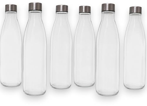 KORAT Set 6 Bottiglie Vetro 1 Litro con Tappo a Vite in Acciaio Inox Bottiglie Riutilizzabili per Acqua, Succhi, Design Elegante Senza BPA, Ideali per Frigo e Tavola, Ristoranti, Bar, Cene Estive