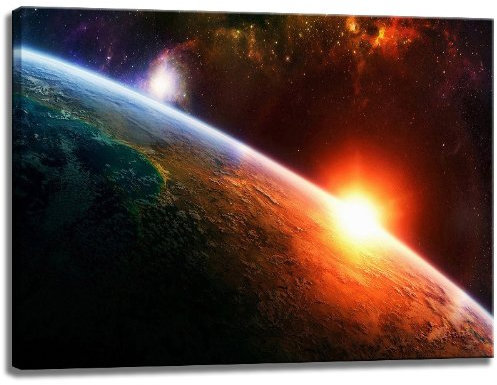 Dream-Arts Sonnenaufgang über der Erde Motiv auf Leinwand im Format: 120x80 cm. Hochwertiger Kunstdruck als Wandbild. Billiger als EIN Ölbild! Achtung KEIN Poster oder Plakat!