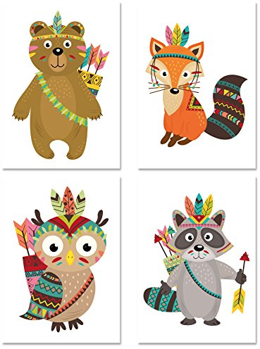 PICSonPAPER Kinder Poster 4er-Set Indianer, ungerahmt DIN A4, Dekoration fürs Kinderzimmer, Babyzimmer, Kinderposter, Babyposter, Kunstdruck, Wandbild, Geschenk (Ohne Bilderrahmen)