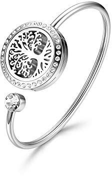 Adjustable Essential Oil Diffuser Bracelet,Cupimatch Stainless Steel CZ Aromatherapy Locket Bangle 8 Color Pads Jewelry Set for Women Girl Gifts (Tree)