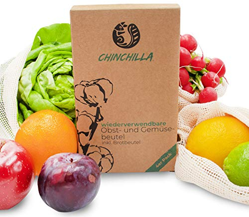 Chinchilla® 4er-Pack Wiederverwendbare Obst- & Gemüsebeutel | Einkaufstasche aus Bio Baumwolle | Unverpackt & plastikfrei Einkaufen | Inklusive XL Brotbeutel | für Obst & Gemüse