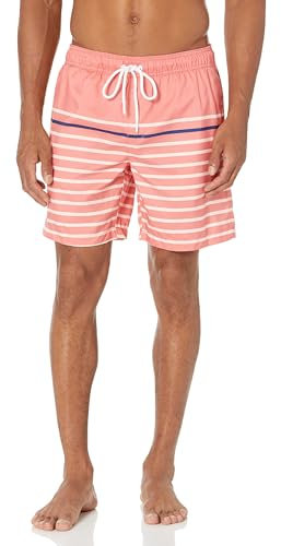 Amazon Essentials Short de Bain à Séchage Rapide Entrejambe 18 cm - couleurs abandonnées Homme, Bleu Rose Corail Motif Bandes, L
