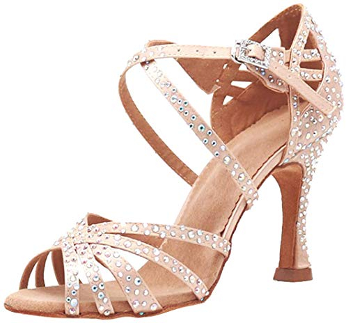 MGM-Joymod Sandali da ballo, da donna, aperti in punta, con cinturini incrociati e strass, ideali per feste, matrimoni, balli latini, moderni e tango, Beige (Pelle 9 centimetri Tacco), 39 EU