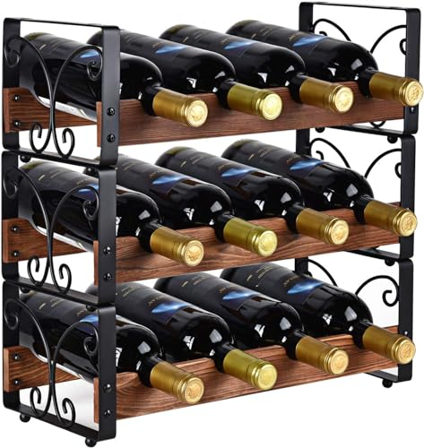 X-cosrack Wine Rack Countertop, 3-Tier 12 Bottles Small Wine Rack Stackable for Inside Cabinet, Solid Wood & Wrought Iron Wine Bottle Holder, Wine Storage Shelf for Kitchen Bar Dining Room