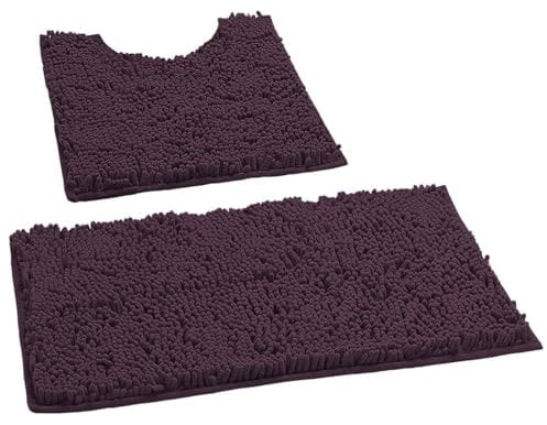 LuxUrux Bath Mat, Luxury Chenille (2-Piece) Bath Mat Set, Soft Plush Anti-Slip Bath Rug + Toilet Mat.1'' Microfiber Shaggy Carpet, Super Absorbent (Curved Set Small, Plum)