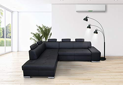 Quattro Meble Schwarzes Echtleder Ecksofa London PIK 5z 275 x 200 Sofa Couch mit Bettfunktion und Bettkasten Echt Leder Eck Couch große Farbauswahl (Ecke Links)