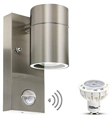 HiBay Applique Murale Exterieur/Intérieur Détecteur de Mouvement 7W Inox Brossé,Luminaire Exterieur LED Moderne 550lm Blanc Chaud IP44 Étanche Avec 1x GU10 Ampoules