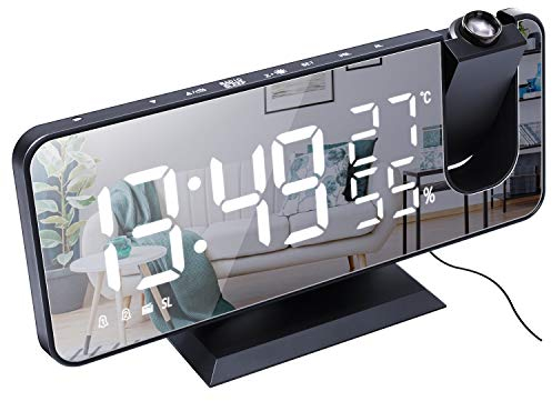 ThreeH Projection Alarm Clock for Bedroom Large 7.4'' LED Mirror Display & 4 Dimmer Radio Alarm Clock with USB Charging 180° Rotable 2 Sounds Black-White
