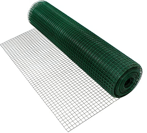 ECD Germany Rete Metallica Voliera Plastificata 1 x 25 m Dimensione Maglia 12 x 12 mm Spessore Filo 0,7 mm Recinto in Acciaio Zincato Filo Robusto per Recinzione Giardino Cortile Verde Rettangolare