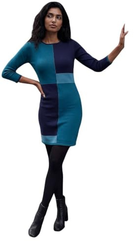 Roman Knitted Jumper Dress for Women UK - Ladies Colour Block Winter Autumn Smart Casual Office Bodycon Workwear Everyday Long Sleeve Knee Length Knit Pocket