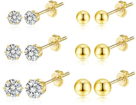 Ohrstecker Gold Set, 6 Paar 14K Vergoldete Ohrstecker Silber 925 Damen, Ohrstecker Gold Kleine, Kleine Kugel und Bohrer Schläfer Knorpel Ohrstecker Ohrringe für Damen Mädchen