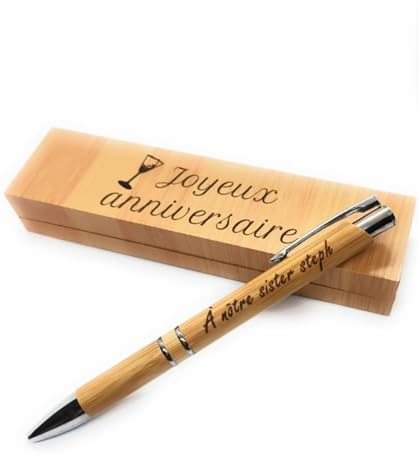 Coffret Cadeau Stylo Bille en Bois Personnalisé Gravé- Stylo Bambou Écologique avec Étui - Cadeau Élégant pour Homme, Femme, Anniversaire, Professionnel, Gravure prénom