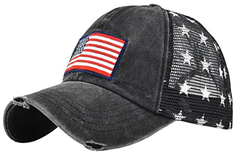 YULOONG Vintage Half Mesh Baseball Cap Stickerei USA Flag Stars Washed Denim Trucker Cap Cotton Sun Hat Adjustable Unisex Schwarz