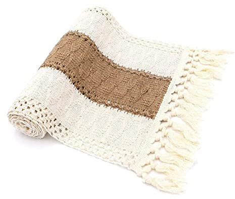 Tischläufer Beige Creme Modern, Baumwolle Leinen Tischläufer Makramee Hochzeit Tischdeko Tischband für Geburtstage Kommunion Esszimmer Party Urlaub Dekoration Abwaschbar, 30x140CM