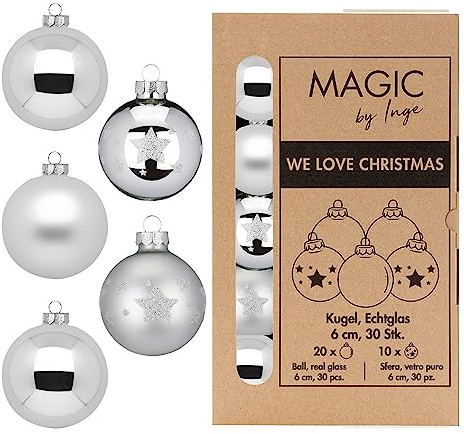 Weihnachtskugeln Glas 6cm x 30 Stück mit Sternenmuster in Kartonbox Christbaumkugeln Frosty Silver