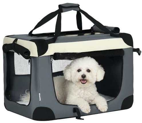 PawHut 60cm Foldable Pet Carrier for Miniature Dogs Cat Carrier Grey | Portable, Soft Side Pet Travel Crate, Removable Mat, Breathable Mesh