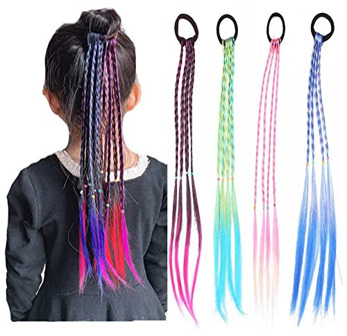 Hair Pieces Twist Braid,4 PCS Kids Hair Extensions for Girls Coloured Hair Pieces Braided Hair Tie Band Hair Extension Accessories Braided Synthetic Hairpieces for Kids and Women (Style 1)
