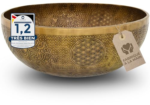 Tibetische Klangschale Blume des Lebens für Yoga, Meditation und Entspannung, Ø 35 cm, 4.000 Gramm, antike Oberfläche, Traditionelle Handarbeit in Profi-Qualität