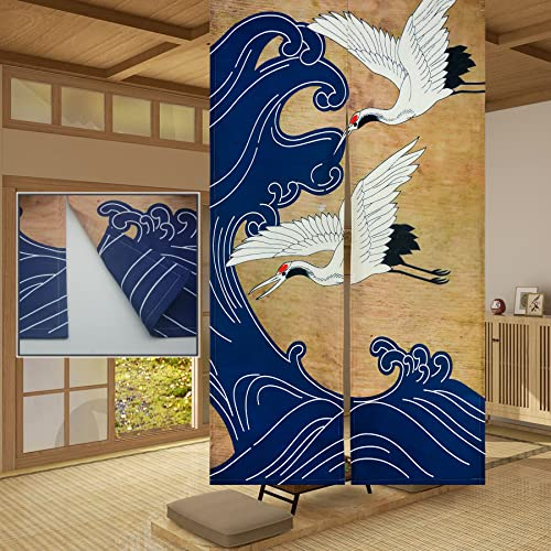LIGICKY Japanischer Stil Dick Noren Lang Vorhang, Doppelseitig Druck Türvorhang Raumteiler Tapisserie für die Heimtextilien 85 x 120 cm, Gekrönten Kran und Welle