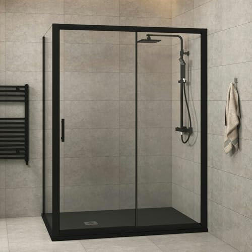 Milan 1400 x 800mm Matt Black Sliding Door Shower Enclosure with Side Panel Reversible 6mm Safety Tempered Glass Shower Cubicle Screen