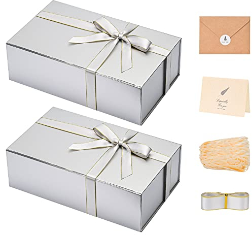 Große Geschenkboxen mit Deckel, 2 Stück, 35.1x21.1x11.2 cm, silberfarbene Geschenkbox für Geschenke, rechteckige Faltbox mit Band, Karte, geschreddertes Papierfüller, Weihnachten, Geburtstage