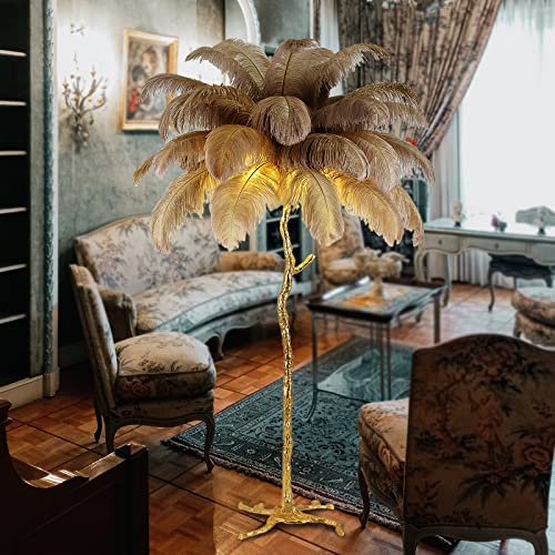 Lampadaire Lampe en plumes d'autruche naturelle lampadaire moderne pour salon LED lampe sur pied avec interrupteur au pied finition dorée abat-jour en plumes élégantes pour décor