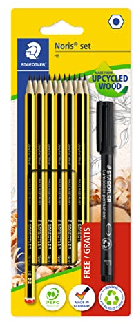 STAEDTLER Bleistift Set Noris, Made from Upcycled Wood, 12 Bleistifte Härtegrad HB, permanenter Universalmarker Lumocolor schwarz, 120 BK12P3