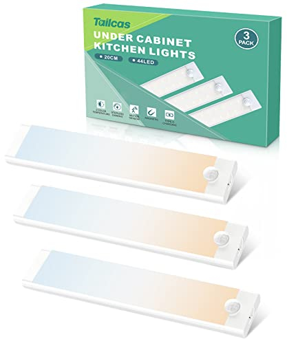 Schrankbeleuchtung mit Bewegungsmelder, 3 Stück 3000K/6000K Dimmbar Unterbauleuchte Küche 44 LEDs Lichtleiste mit Magnet, 2000mAh USB-C Aufladbar für Kleiderschrank Treppe Flur [Energieklasse F]