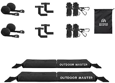 OutdoorMaster Skiboard-Dachträger, universeller weicher Auto-Dachträger für Snowboard, Surfbrett, Kanu mit 4 robusten Spanngurten, 4 Spannseilen, 4 Schnellschlaufengurten und Aufbewahrungstasche